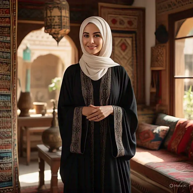 Padu padan gamis dan hijab cocok untuk wanita usia 40-an agar tampil cantik elegan dan anggun. (Foto: Meta AI)