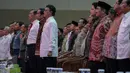 Presiden Jokowi didampingi Menko Polhukam Luhut Pandjaitan, Mendagri Tjahjo Kumolo serta sejumlah pemimpin lembaga tinggi negara menghadiri Rakornas Pemantapan Pelaksanaan Pilkada Serentak 2015 di Jakarta, Kamis (12/11). (Liputan6.com/Faizal Fanani)