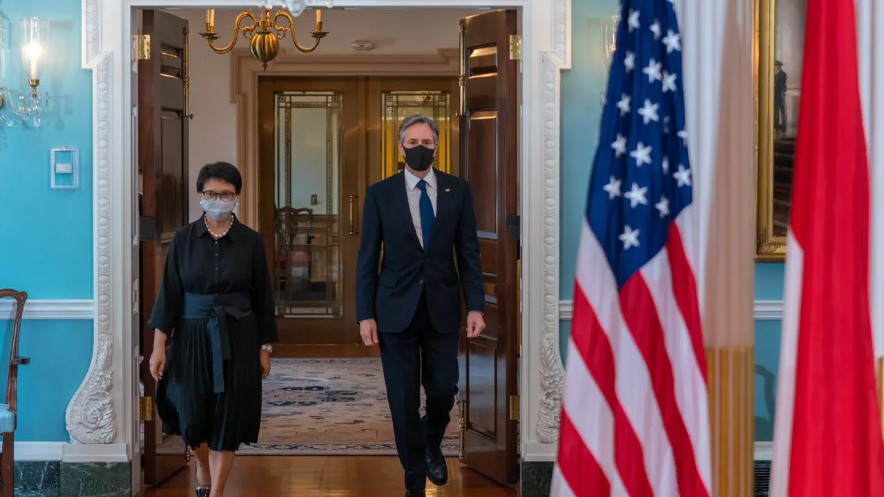 Menlu Retno Marsudi mengunjungi Menlu AS Anthony Blinken di Washington D.C, Rabu (4/8/2021).