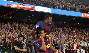 Dua gol kemenangan Blaugrana dicetak melalui Marcus Rashford (9') dan Ferran Torres (18'). (AP Photo/Joan Monfort)