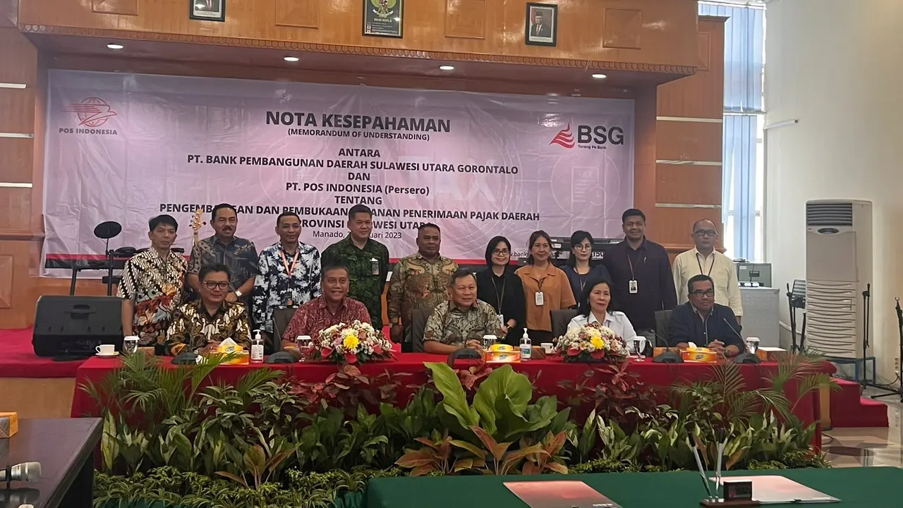 PT Pos Indonesia (Persero) menjalin kerja sama dengan PT Bank Pembangunan Daerah Sulawesi Utara dan Gorontalo (BSG) untuk meningkatkan penerimaan pajak daerah dan biller (Istimewa)