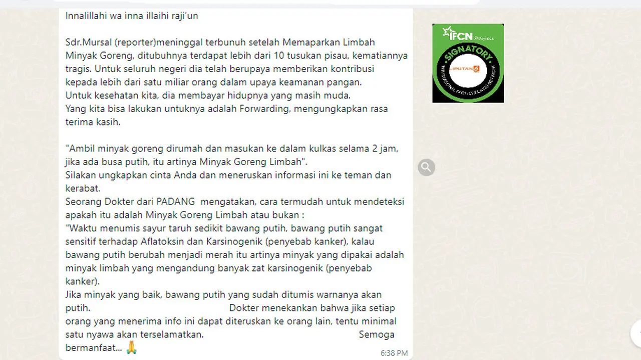 Cek Fakta Liputan6.com menelusuri informasi pembunuhan reporter bernama Mursal setelah mengungkap skandal limbah minyak goreng