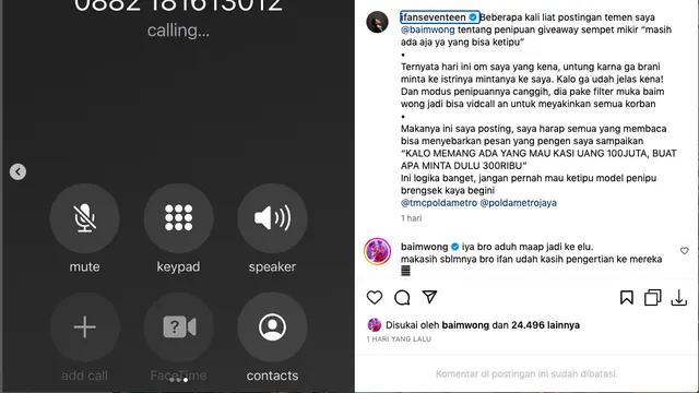 Penipuan Mengatasnamakan Baim Wong Makin Meresahkan, Paman Ifan Seventeen Hampir Jadi Korban. (instagram.com/ifanseventeen)