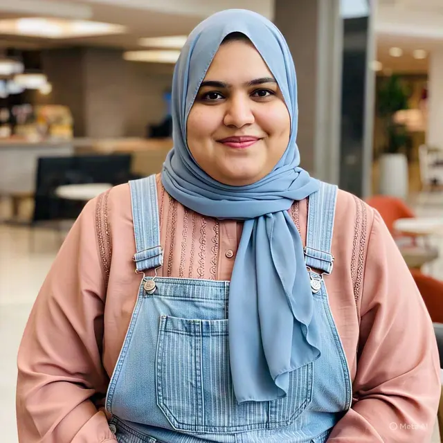 Outfit Casual Wanita Hijab Gemuk dengan Overall Dress dan Blouse