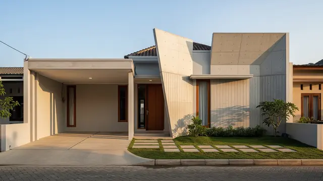 Model Depan Rumah Coran Garis Tegas dengan Carport Terbuka