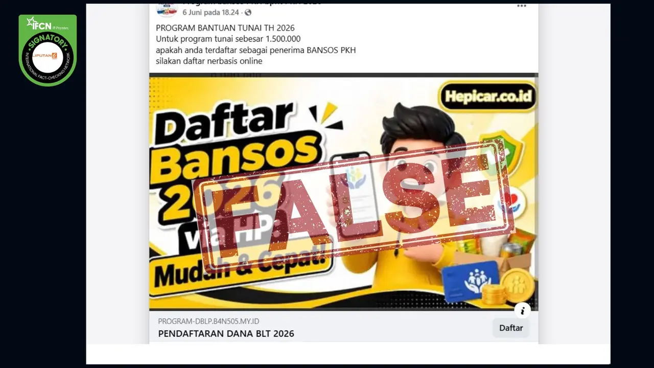 Cek Fakta Liputan6.com menangkap layar klaim link pendaftaran bansos 2026 lewat HP.