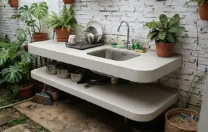 10 Desain Tempat Cuci Piring Belakang Rumah dengan Meja Cor Dua Tingkat, Hemat Ruang Minim Perawatan