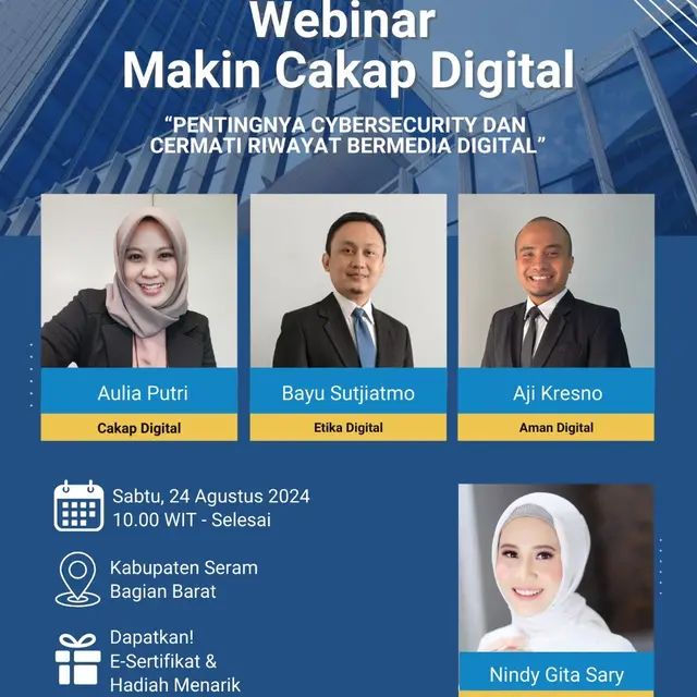 Dalam rangka kampanye Gerakan Nasional Literasi Digital di Indonesia, Kemenkominfo menyelenggarakan Workshop Literasi Digital secara luring di Kabupaten Seram Barat, Maluku pada 24 Agustus 2024 dengan mengangkat topik “Pentingnya Cybersecurity dan Cermati