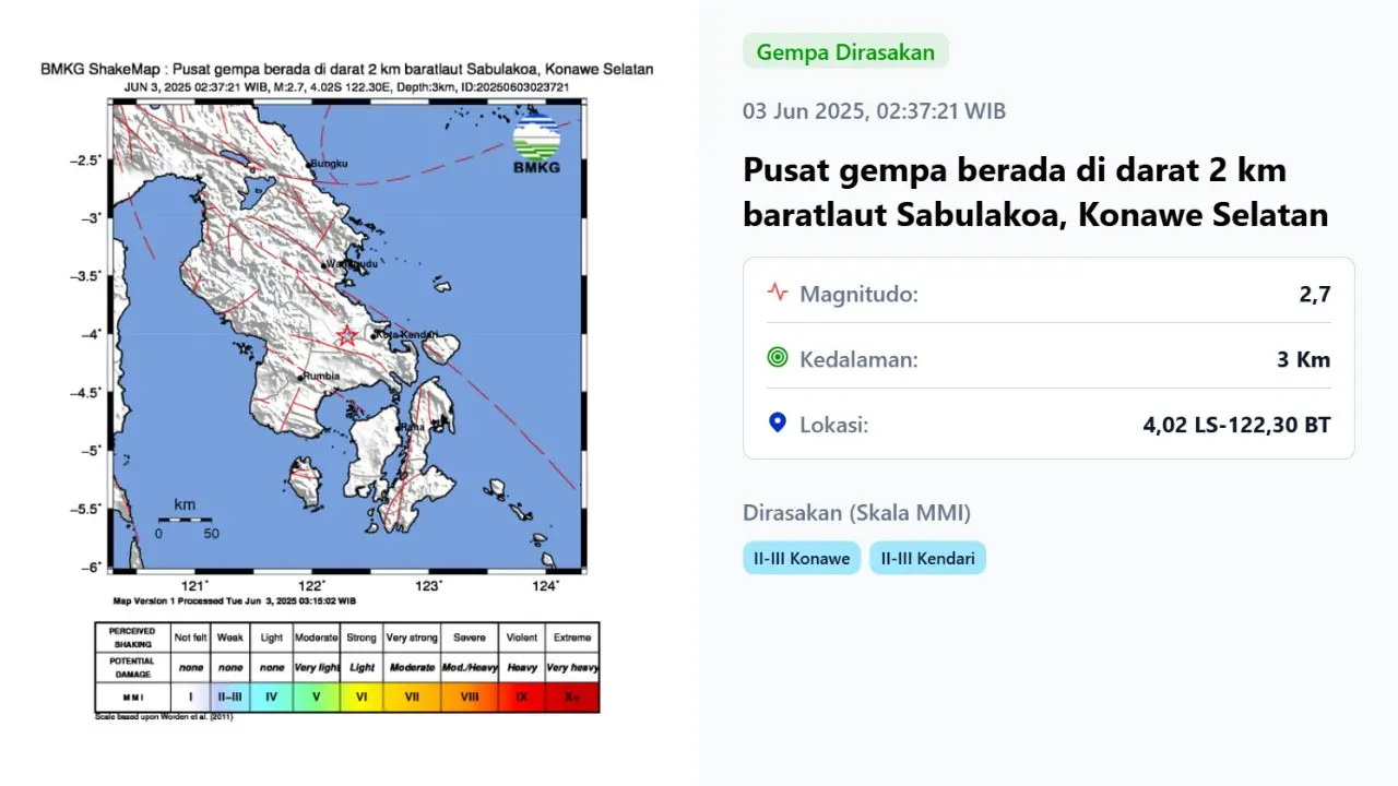 Gempa hari ini, Selasa (3/6/2025) menggetarkan dini hari tadi pukul 02:37:21 WIB di wilayah Konawe Selatan, Provinsi Sulawesi Tenggara (Sultra).