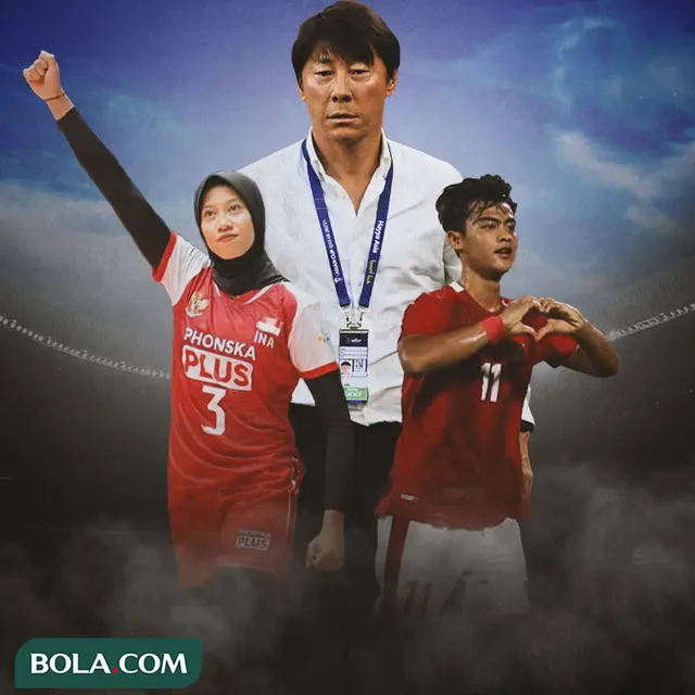 Ilustrasi - Shin Tae-yong diapit Pratama Arhan dan Megawati Hangestri