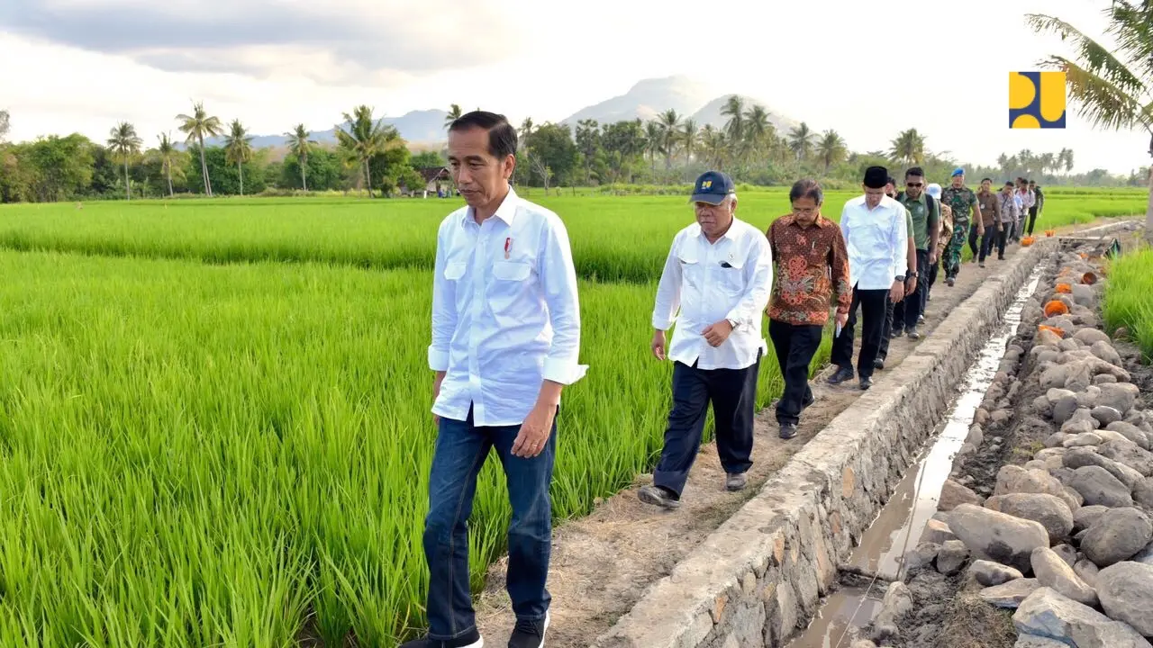 Presiden Jokowi meninjau lokasi program Padat Karya Tunai irigasi kecil di Sumbawa. (Foto: Kementerian PUPR)