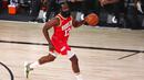 Pebasket Houston Rockets, James Harden, saat melawan Indiana Pacers pada laga NBA, Rabu (12/8/2020). Houston Rockets dikalahkan Indiana Pacers dengan skor 104-108. (Kim Klement/Pool Photo via AP)