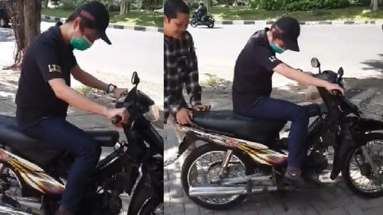 Crazy Rich Surabaya naik motor pertama kali (TikTok/@andysugarr)