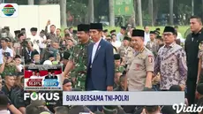 Presiden Jokowi Jokowi dan Ibu Negara Iriana Joko Widodo menghadiri acara buka puasa bersama yang digelar keluarga besar TNI-Polri di Monas, Jakarta Pusat, Kamis petang.