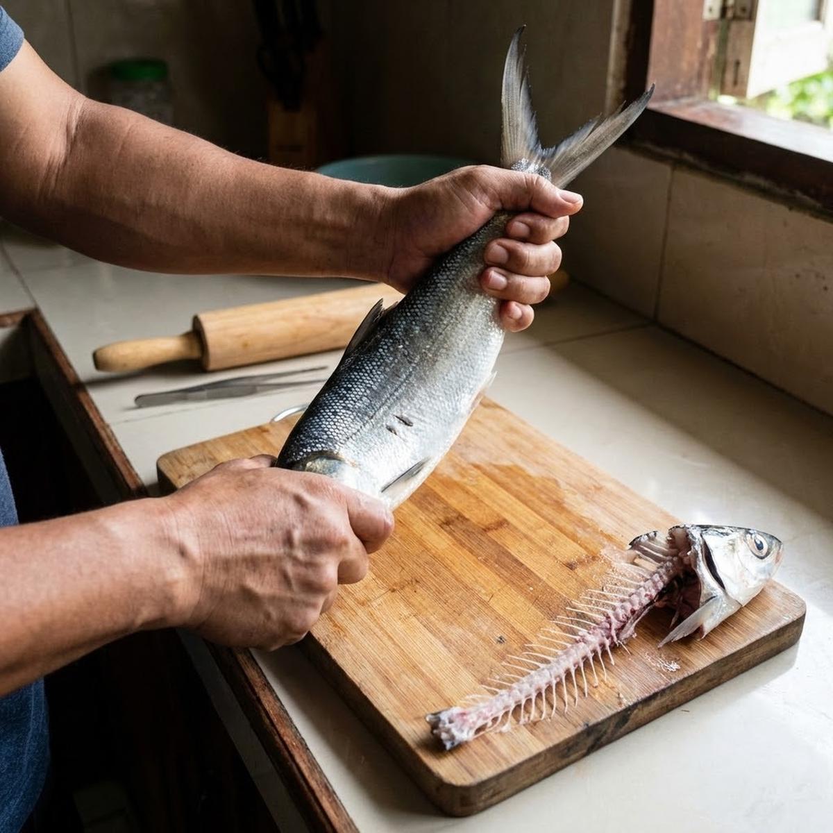 Teknik Mematahkan Ekor dan Menarik Tulang Utama Ikan Bandeng