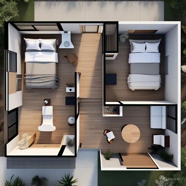 Denah Rumah Minimalis 2 Kamar Ukuran 7x9 dengan 2 Kamar Mandi