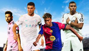 Ilustrasi - Lione Messi, Cristiano Ronaldo, Lamine Yamal, Kylian Mbappe (Bola.com/Adreanus Titus)