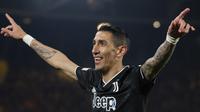 Angel Di Maria merayakan gol ketiganya yang ia cetak ke gawang Nantes pada leg kedua play-off babak gugur Liga Europa 2022/2023, Jumat (24/2/2023) dini hari WIB. (AP Photo/Mathieu Pattier)