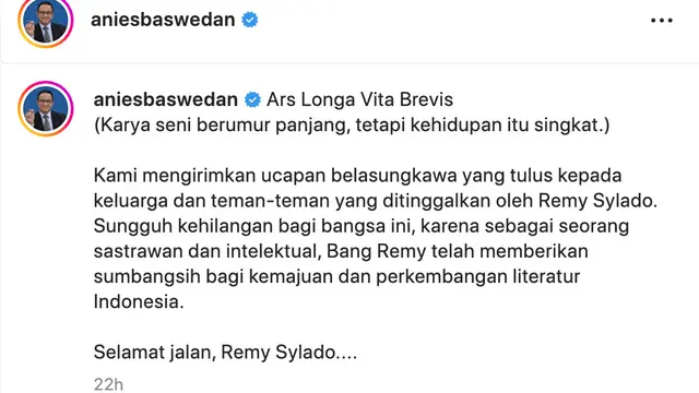 Pesan belasungkawa Anies Baswedan untuk Remy Sylado. (Foto: Dok. Instagram @aniesbaswedan)
