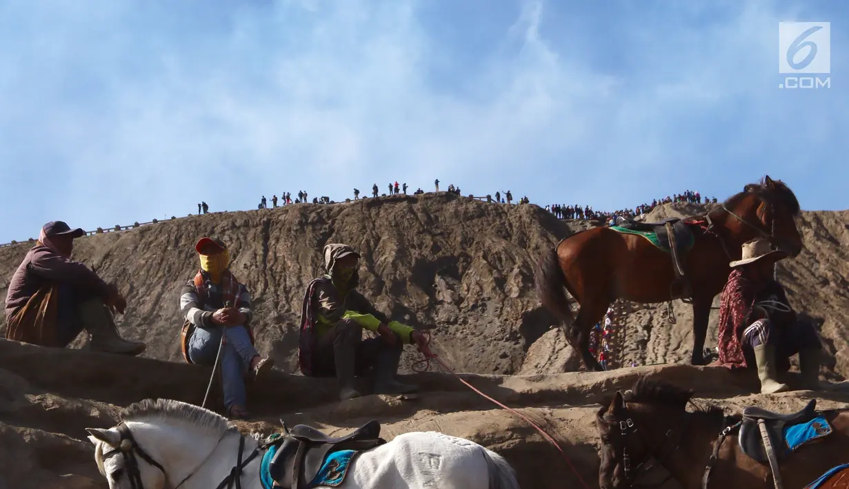 Joki berkuda menunggu wisatawan yang akan turun dari Gunung Bromo di Taman Nasional Bromo Tengger Semeru, Jawa Timur, Sabtu (4/11). Harga sewa kuda berkisar Rp 100 - 150 ribu. (Liputan6.com/Fery Pradolo)