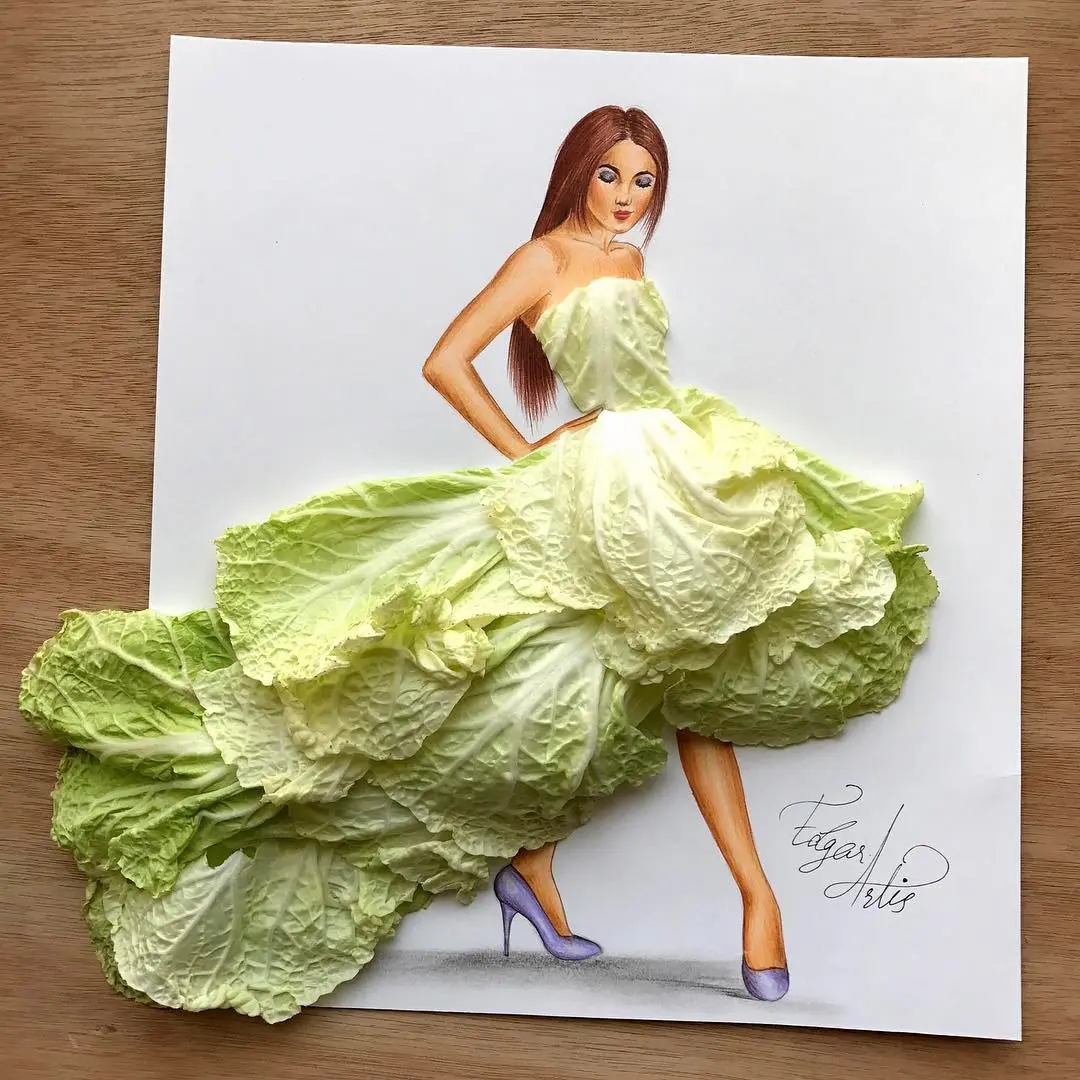 Sayur sawi putih memiliki gradasi warna yang sangat bagus diaplikasikan pada gaun. (sumber foto: @edgar_artis/instagram)