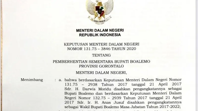 Kutipan surat keputusan pemberhentian bupati boalebo oleh Mendagri (Arfandi Ibrahim/Liputan6.com) 