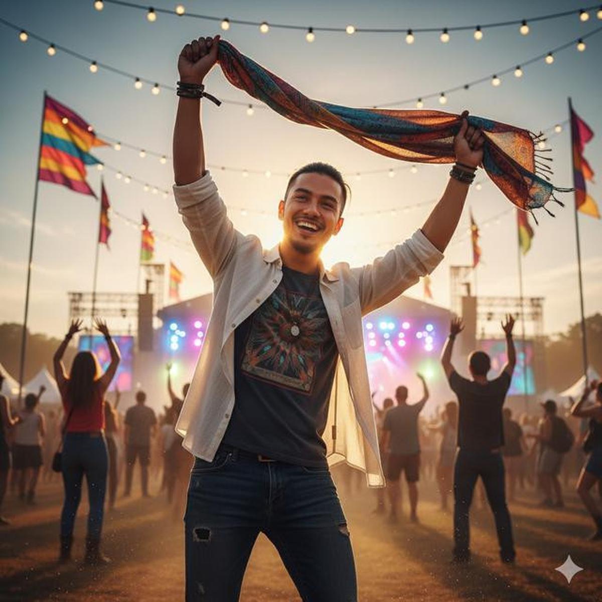 Prompt AI Edit Foto Festival Musik Gaya Boho Outdoor untuk Konten Media Sosial
