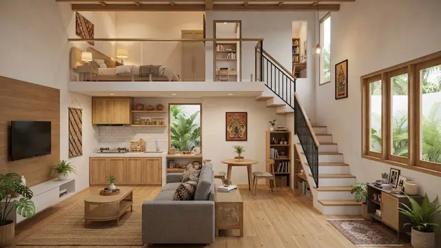 Desain rumah kecil dengan kamar di lantai atas dan cocok untuk keluarga berkarier model dua lantai dengan kamar di bagian atas