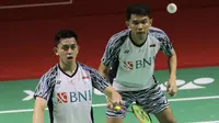 Pasangan ganda putra Indonesia, Fajar Alfian/Muhammad Rian Ardianto saat berhadapan dengan sesama pasangan Indonesia, Pramudya Kusumawardana/Yeremia Erich Yoche Yacob Rambitan pada babak 16 besar Turnamen Bulu Tangkis Indonesia Masters 2022 di Istora Senayan, Jakarta, Kamis (9/6/2022). Fajar/Rian menang rubber game 16-21, 21-17 dan 21-13. (Bola.com/Ikhwan Yanuar)