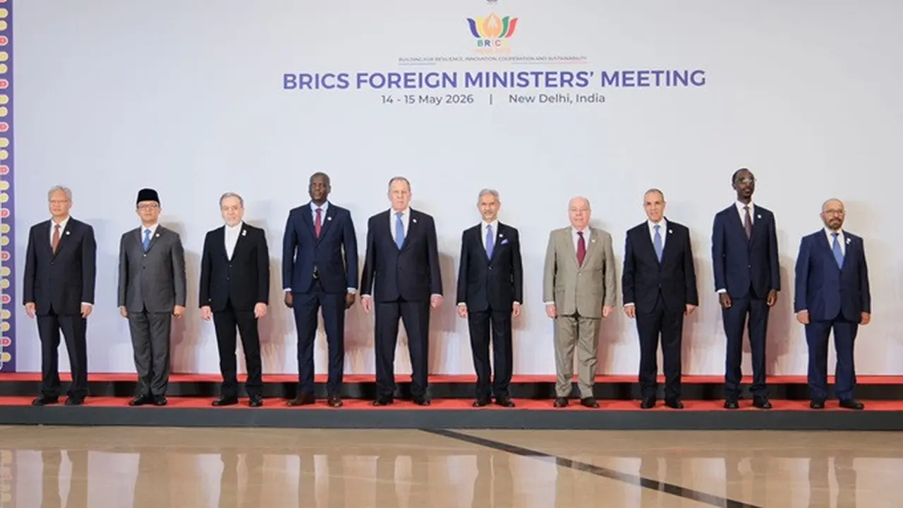 Menteri Luar Negeri Republik Indonesia (Menlu RI) Sugiono pada BRICS Foreign Ministers' Meeting di New Delhi, India, Kamis (14/5/2026).