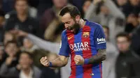 Ekspresi pemain FC Barcelona, Aleix Vidal usai mencetak gol ke gawang Las Palmas pada laga La Liga di Camp Nou, Barcelona (14/1/2017). Barcelona menang 5-0. (AP/Manu Fernandez)