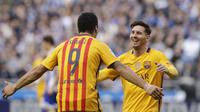 Ekspresi bintang Barcelona, Lionel Messi (kanan) saat bersua Deportivo La Coruna, pada laga lanjutan La Liga 2015-2016, di Stadion Riazor (20/4/2016). Messi memiliki level kebugaran stabil usai perhelatan Piala Dunia 2014.  (Reuters/Miguel Vidal)