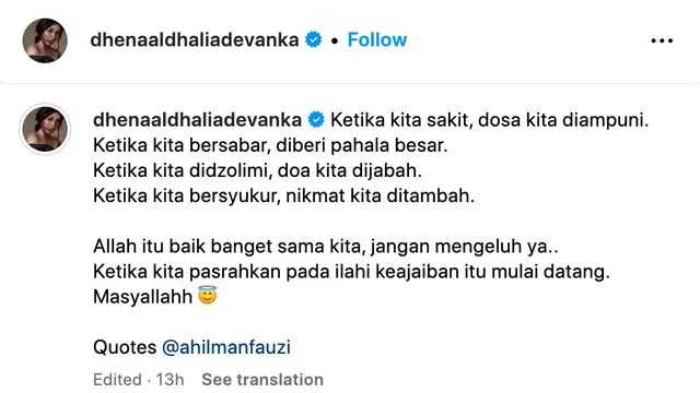 Unggahan Dhena Devanka mantan istri Jonathan Frizzy. (Foto: Dok. Instagram @dhenaaldhaliadevanka)