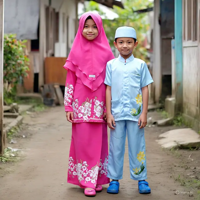 Contoh gamis untuk anak-anak model kombinasi ruffle dan kancing depan/Gambar Meta AI