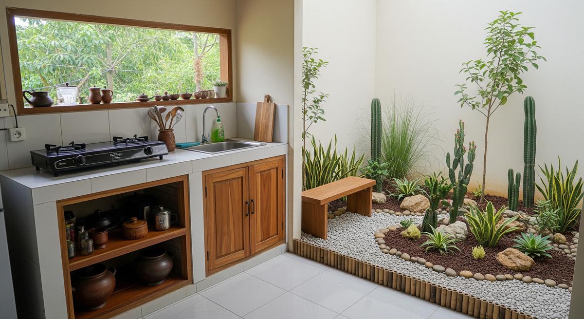 Desain Dapur Mini dengan Taman Kering di Sudut Belakang Rumah