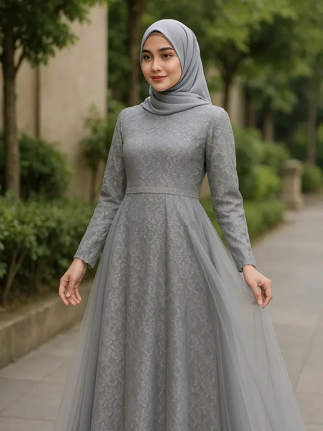 7 Model Gamis Brokat Warna Abu-Abu Kombinasi Terbaru, Simpel dan Elegan