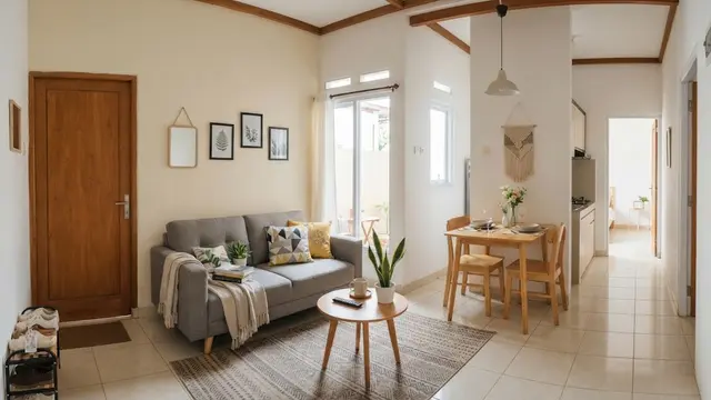 Rumah kecil dengan ruang tamu dan ruang makan menyatu sehingga terlihat elegan untuk hunian KPR dan subsidi model ruang tamu dan area makan dalam satu titik