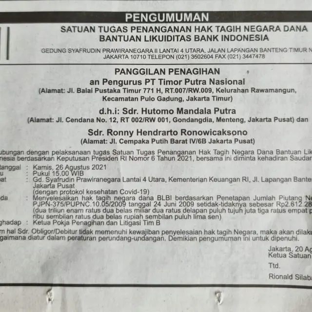 Iklan pemanggilan Hutomo Mendala Putra (Tommy Soeharto) oleh Satuan Tugas Penanganan Hak Tagih Negara Dana Bantun Likuiditas Bank Indonesia (BLBI).
