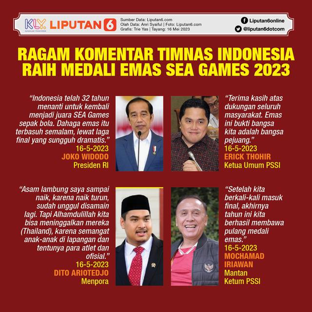 Infografis Ragam Komentar Indonesia Raih Medali Emas SEA Games 2023. (Liputan6.com/Trieyasni)