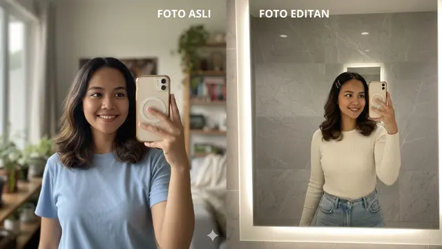 Edit foto AI ala mirror selfie di mall (Foto: Gemini AI)