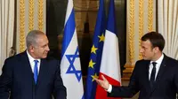 PM Israel Benjamin Netanyahu dan Presiden Prancis Emmanuel Macron (Philippe Wojazer/Pool via AP)