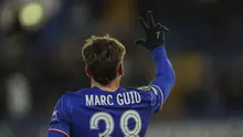 Pemain Chelsea, Marc Guiu melakukan selebrasi setelah mencetak hattrick ke gawang Shamrock Rovers pada laga lanjutan UEFA Conference League di Stamford Bridge, London, Inggris, Jumat (20/12/2024) WIB. (AP Photo/Ian Walton)