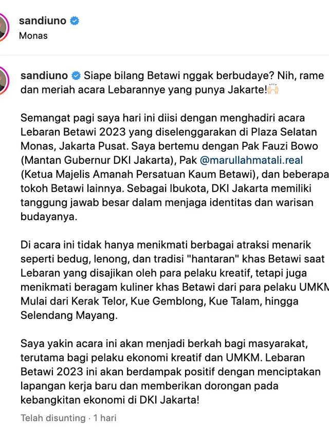Unggahan Sandiaga Uno soal Hari Lebaran Betawi 2023. (Foto: Dok. Instagram @sandiuno)