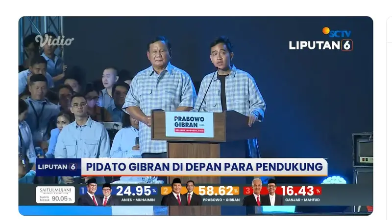 Capres dan Cawapres nomor urut 02 Prabowo Subianto-Gibran Rakabuming Raka saat pidato dan deklarasi kemenangan hasil sementara quick count Pemilu 2024 di Istora Senayan, Rabu (14/2/2024).