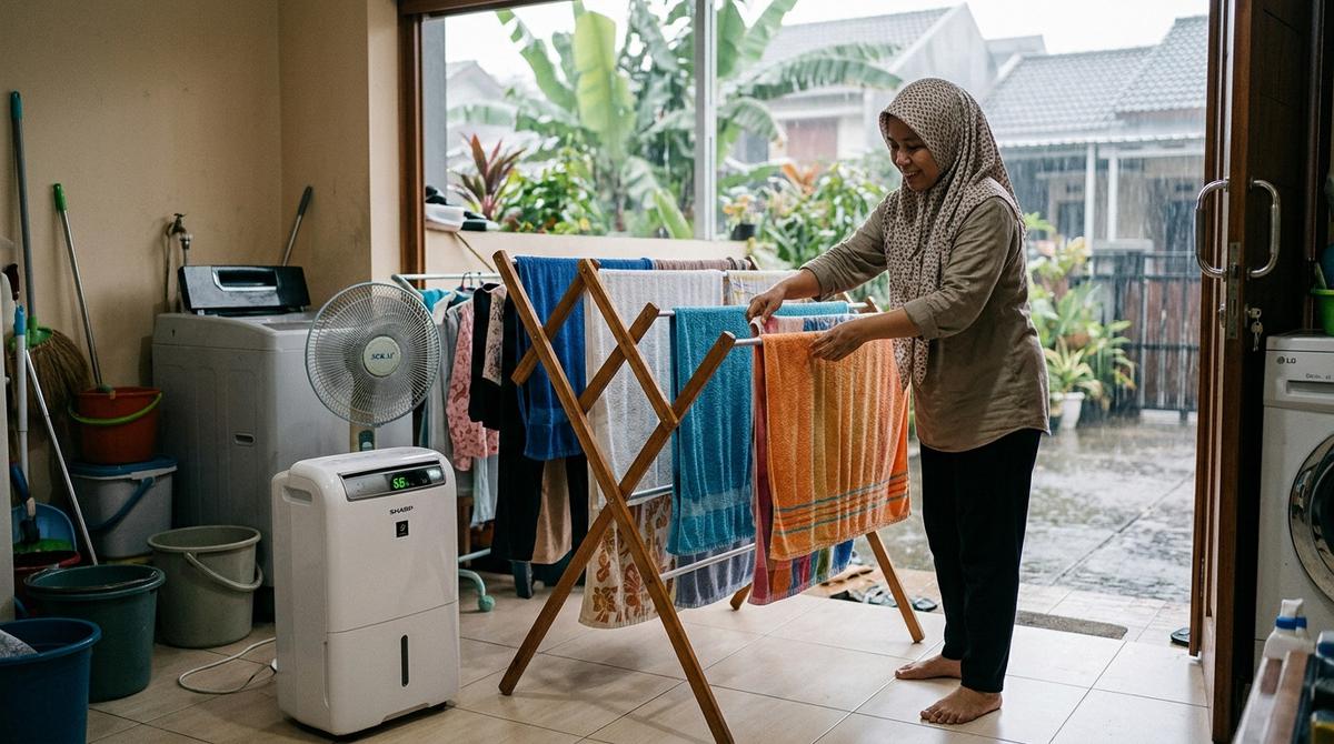 Cara Mengatasi Handuk yang Sulit Kering Saat Musim Hujan (AI Generated)