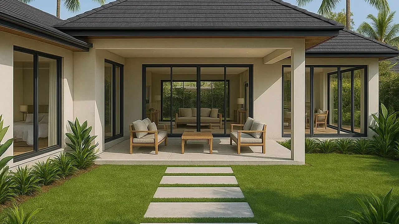 Model Rumah Gaya Tropis Minimalis 1 Lantai dengan Jendela Besar