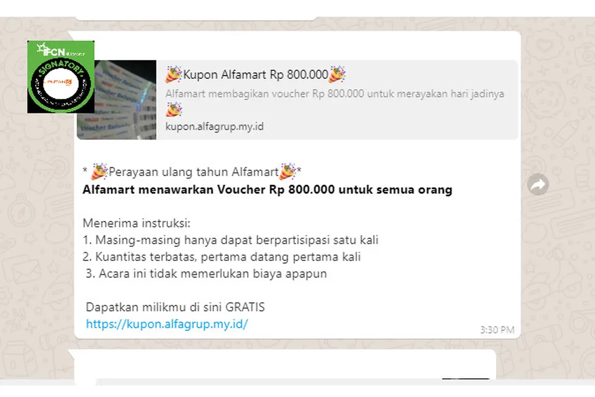 Cek Fakta Liputan6.com menelusuri informasi Alfamart merayakan ulang tahun dengan membagikan voucher gratis Rp 800 ribu