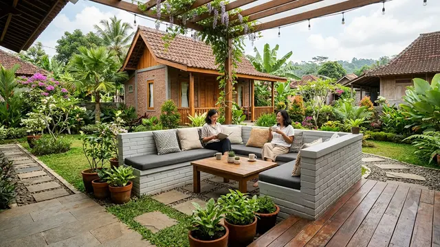 Bangku dari Bata Ringan yang Menyatu dengan Taman dengan Konsep Outdoor Living Modern Model Menyatu dengan Area Teras Taman