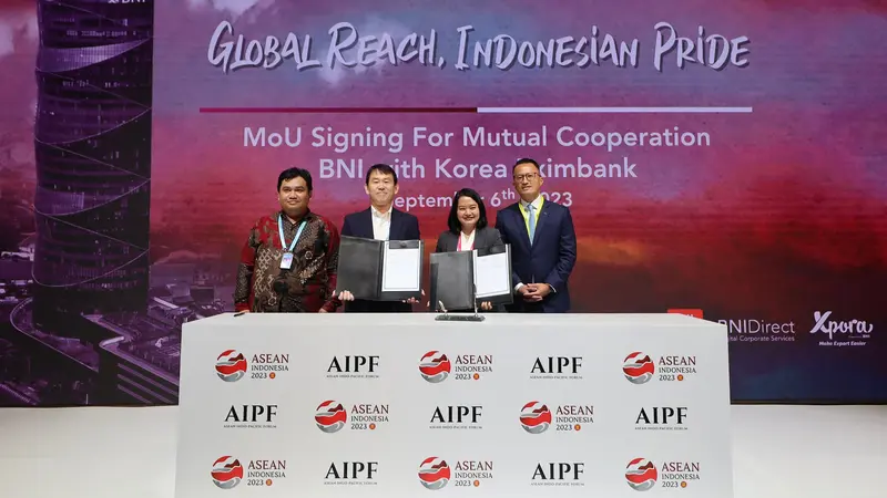 PT Bank Negara Indonesia (Persero) Tbk atau BNI sinergi dengan dua bank internasional yaitu The Shoko Chukin Bank Ltd Jepang dan The Export Import Bank of Korea atau Exim Bank Korea dalam agenda Business Matching AIPF 2023. (Dok BNI)