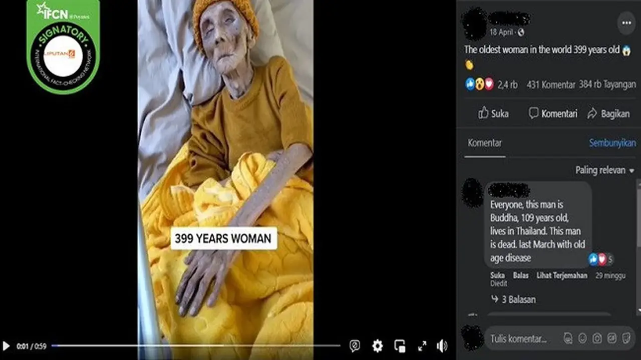 Gambar Tangkapan Layar Video yang Diklaim Seorang Wanita Tertua di Dunia Berusia 399 Tahun (sumber: Facebook).